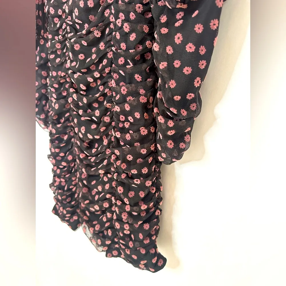 Zara Puff Sleeve Black Sheer Mesh Pink Floral Ruched Dress Size M NWT - Image 10