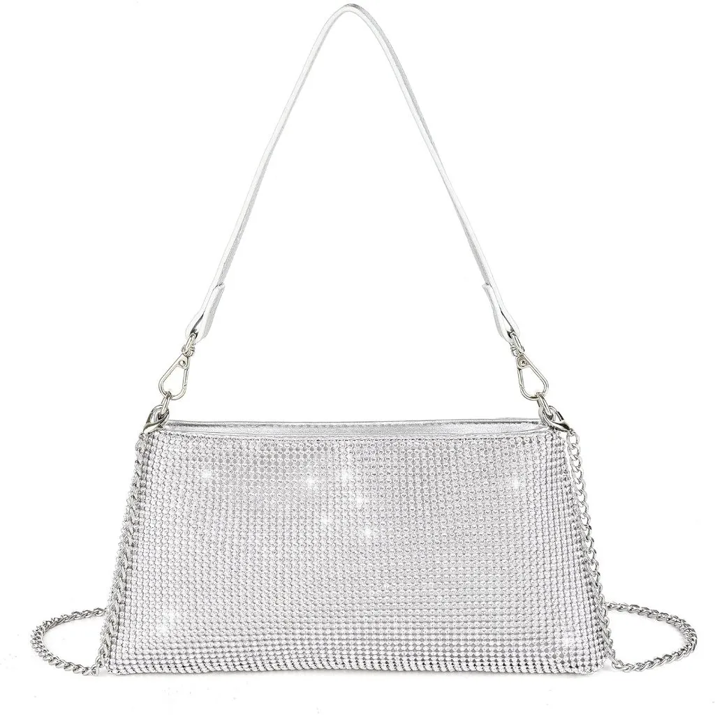 ⚡ Women's Beautiful Rhinestone Sparkly Handle Chain Evening Clutch Bag Silver - Image 1