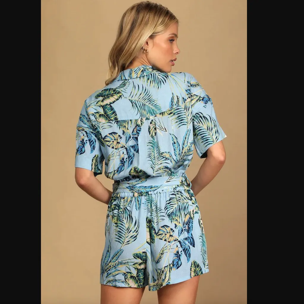 Lulu's Romper Palm Reader S Blue Tropical Print Button-Up Short Sleeve - Image 7