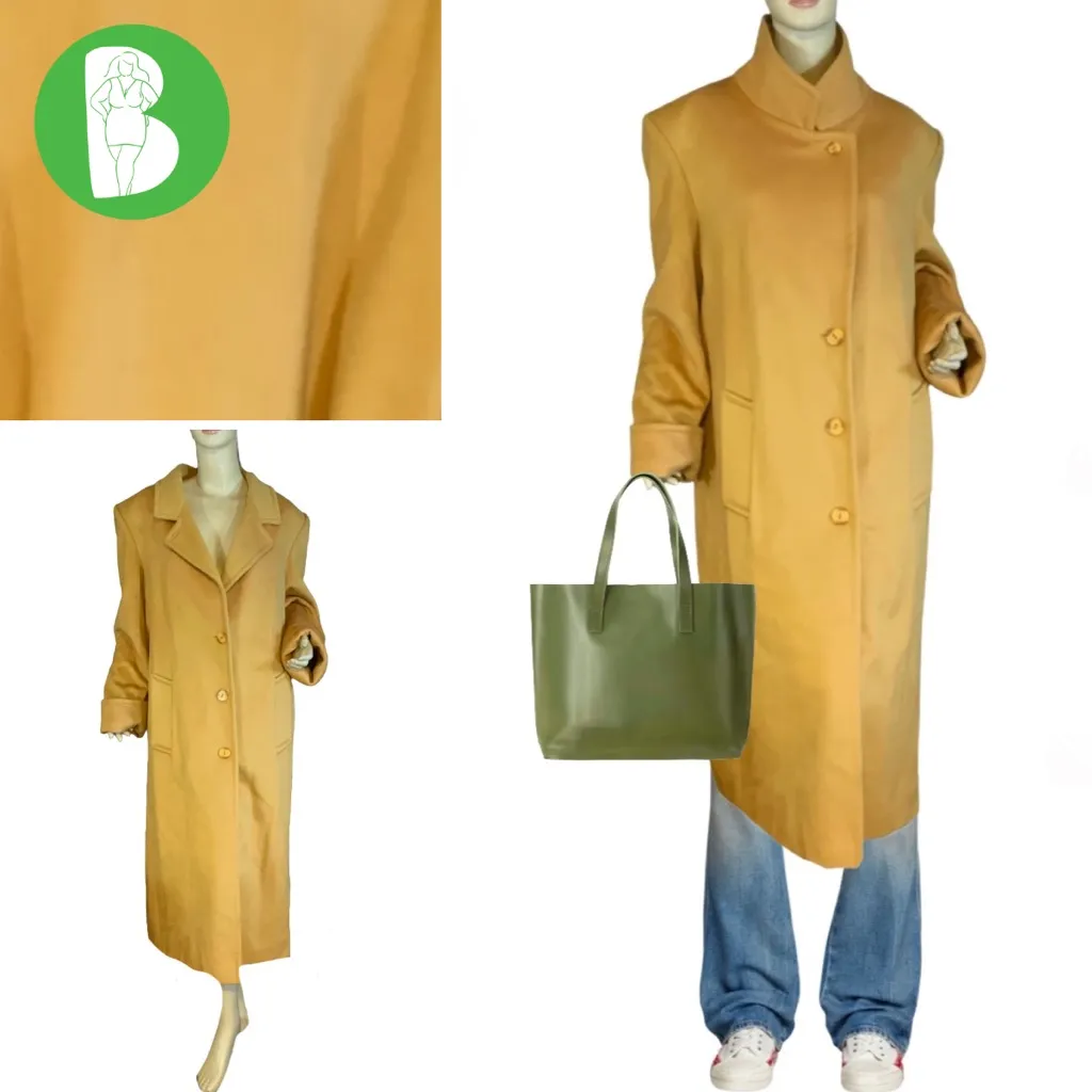 VINTAGE 1990'S ASHLEY SCOTT DARK MUSTARD YELLOW WOOL OVERCOAT (XL) - Image 2