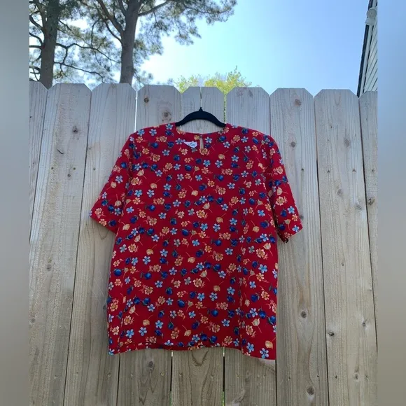 Ginger Jar 90s Floral red Shirt Short Sleeve Yellow Women's 12 blue vintage‎ - Image 2
