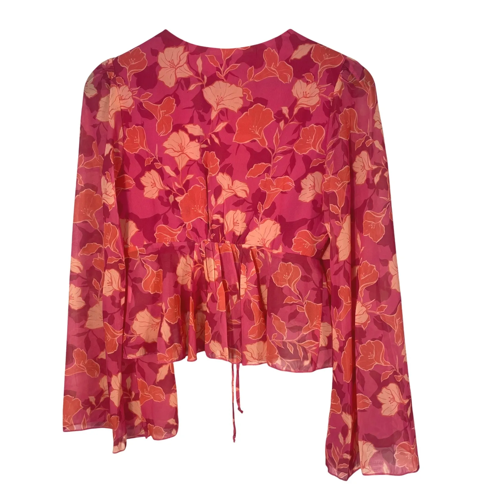 Showpo Sheer Floral Tie Front Blouse Pink Red Orange‎ Long Sleeve Size US 4 - Image 6