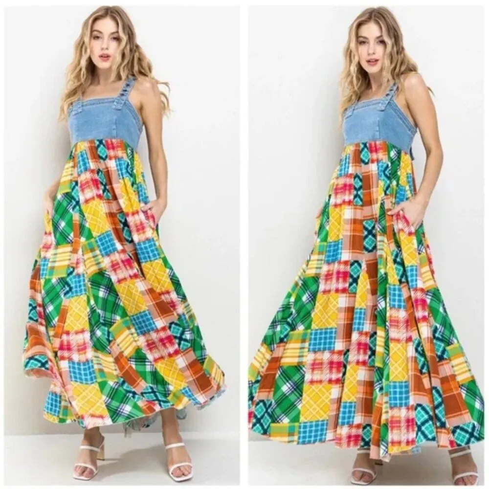 Denim Multi Fabric Pleated Suspender Maxi Dress (brand new) - Image 5