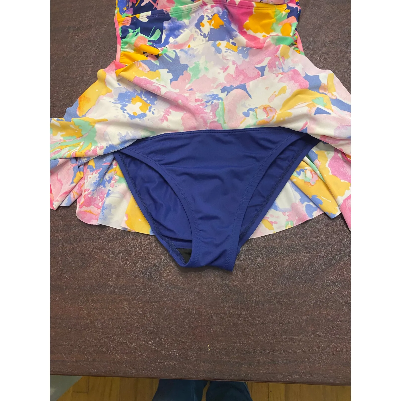 Chaps‎ One Piece Halter Roused Skirted Floral Swimdress Pink Blue Green Size 6 - Image 10