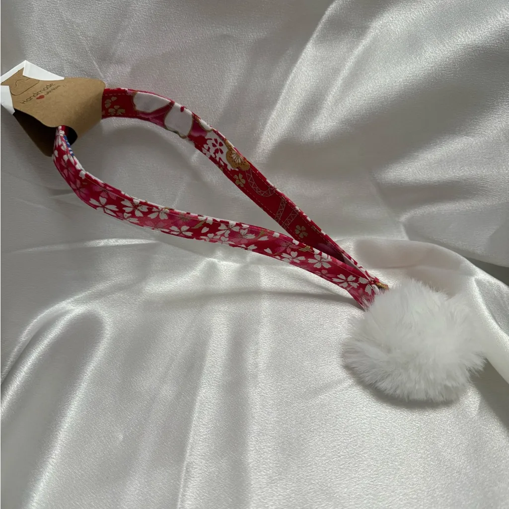 Handmade Red and White Cherry Blossom Floral Wristlet Keychain with White Pompom - Image 3