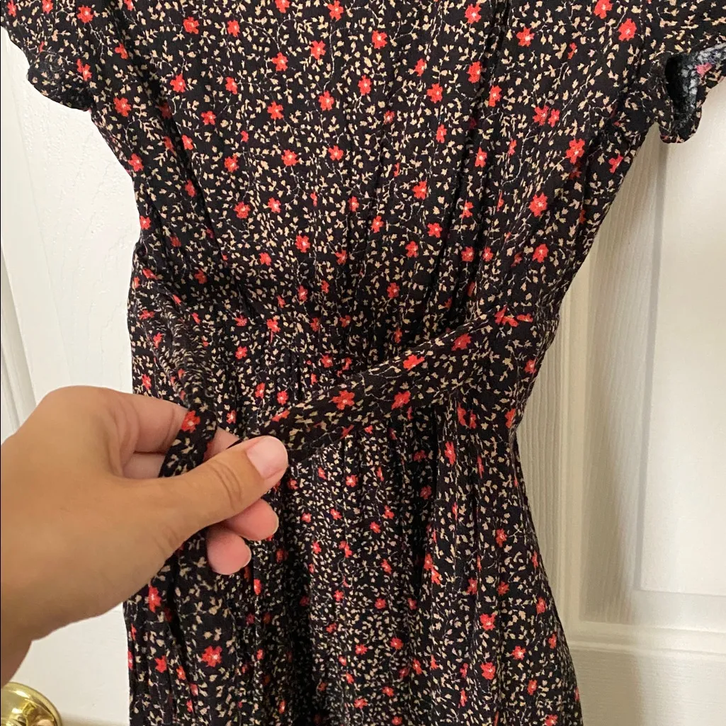 Free People Floral V Neck Mini Dress Cap Sleeves Adjustable Tie at Waist - Image 5