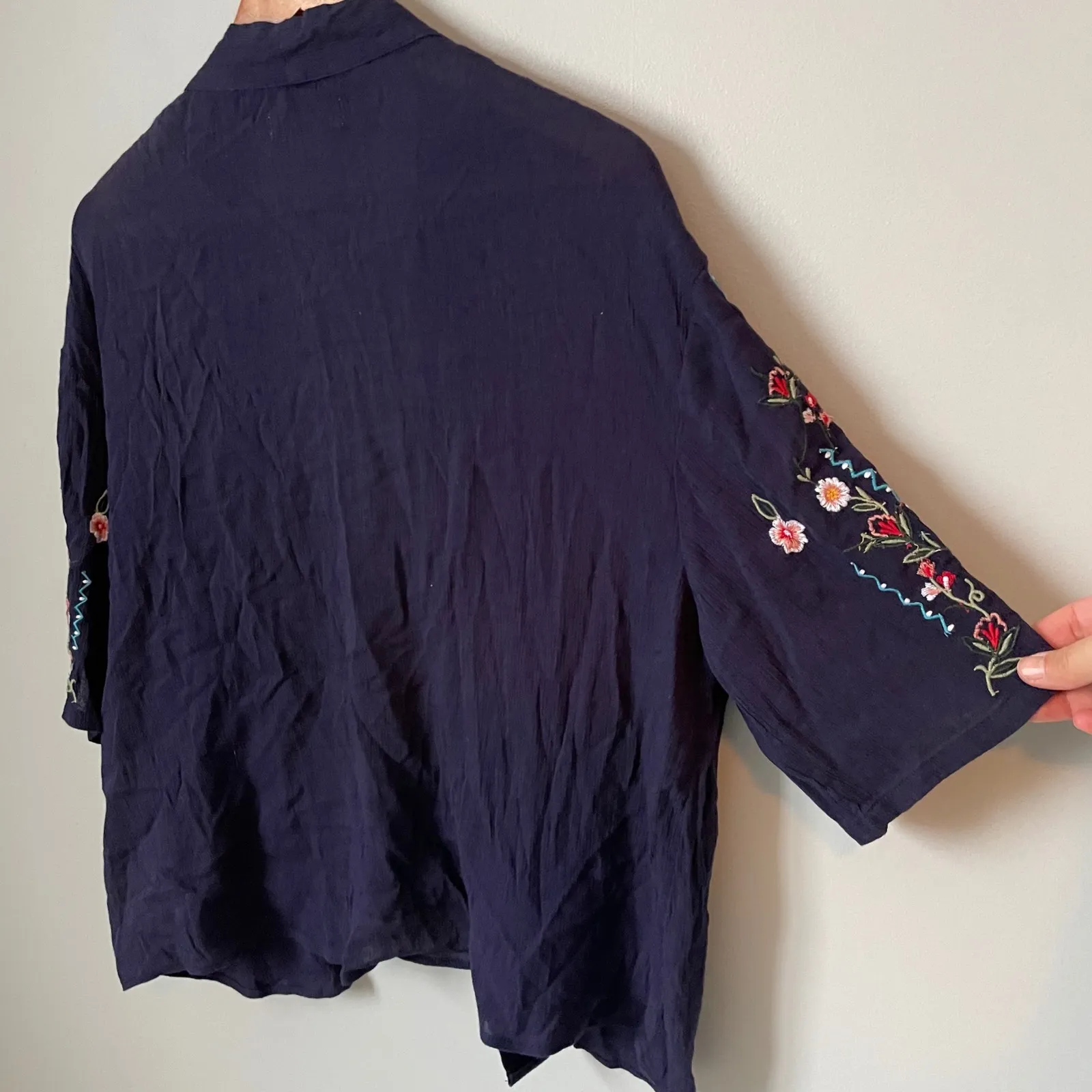 Ruff Hewn Navy Blue Embroidered Jacket Cardigan Boho Eclectic Size Petite M - Image 4