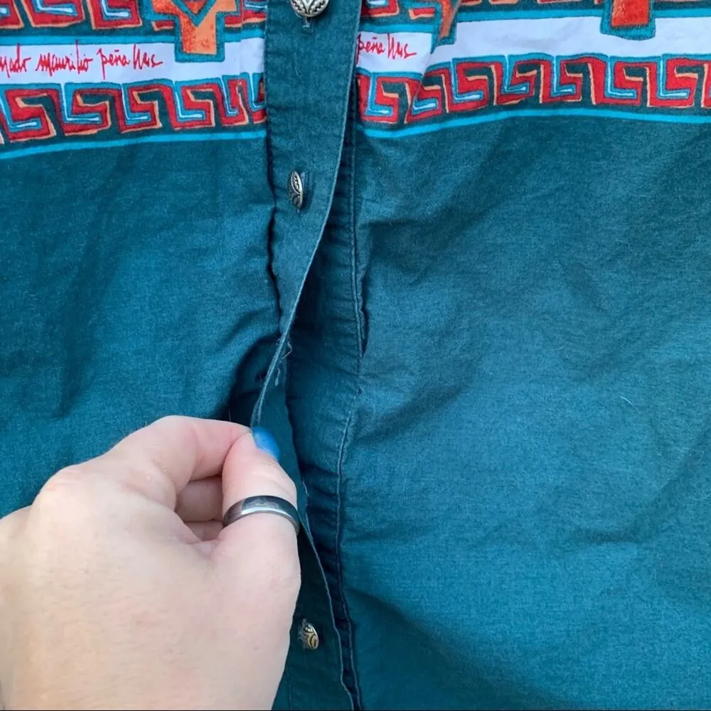 Vintage 80s 90s Roper aztec southwestern cowgirl shirt XS Green - Image 8