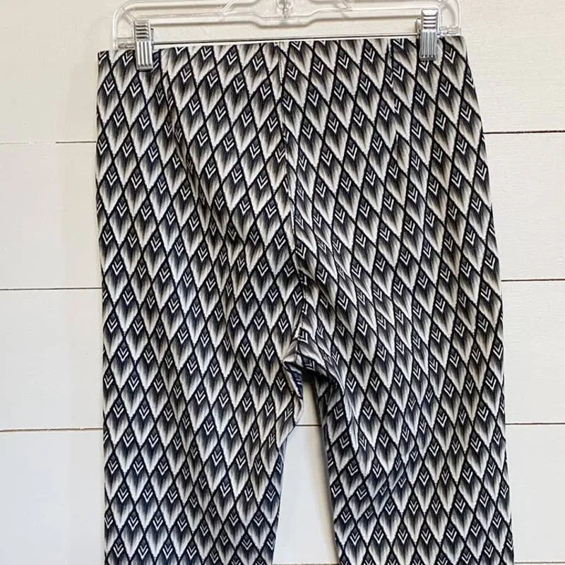 H&M High Waisted Ankle Crop Pants Side Zip Abstract Print Grey Stretch SZ 10 Black - Image 9