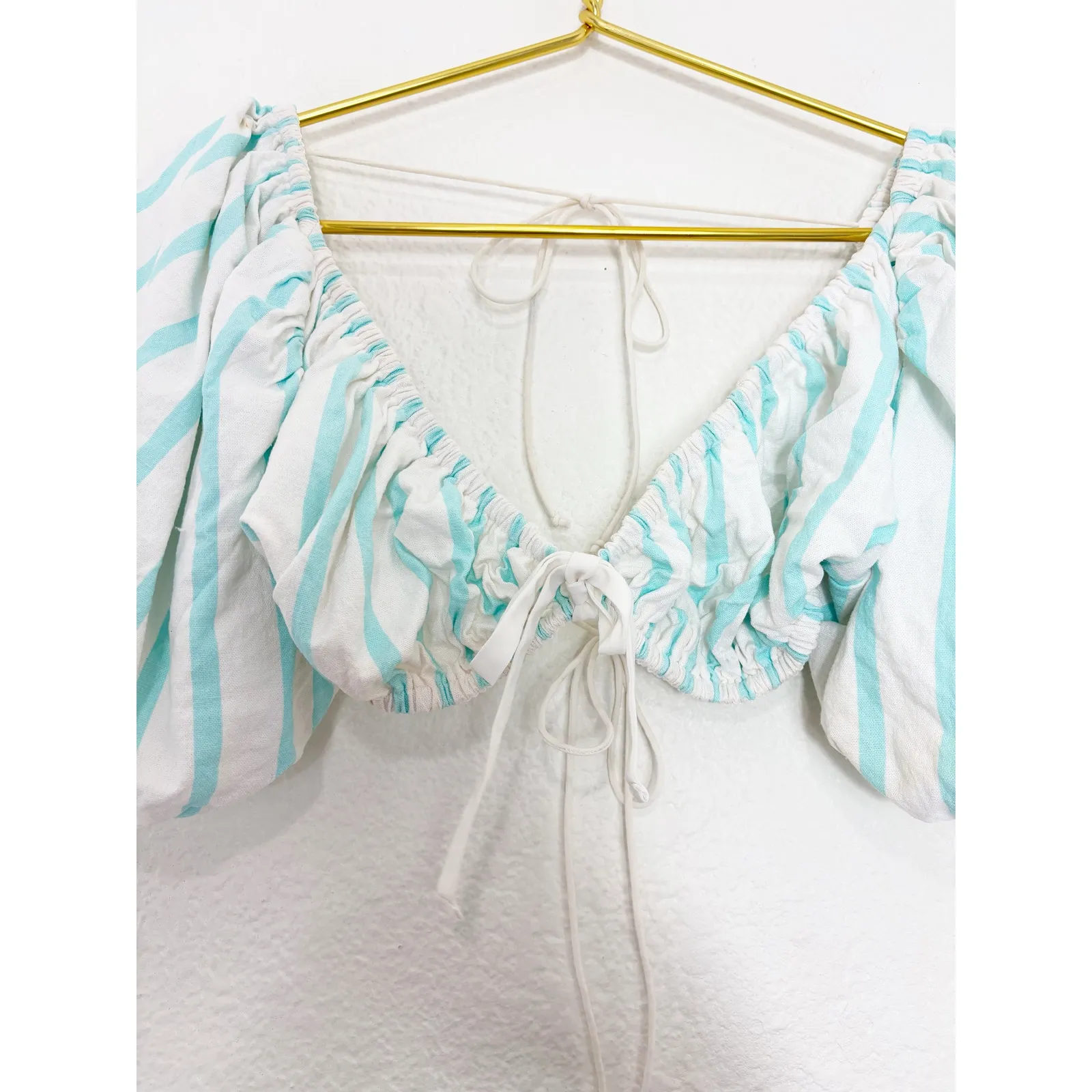 For Love & Lemons Myla Crop Top Size Large Tie Back Striped Puff Sleeve Preppy Blue - Image 10
