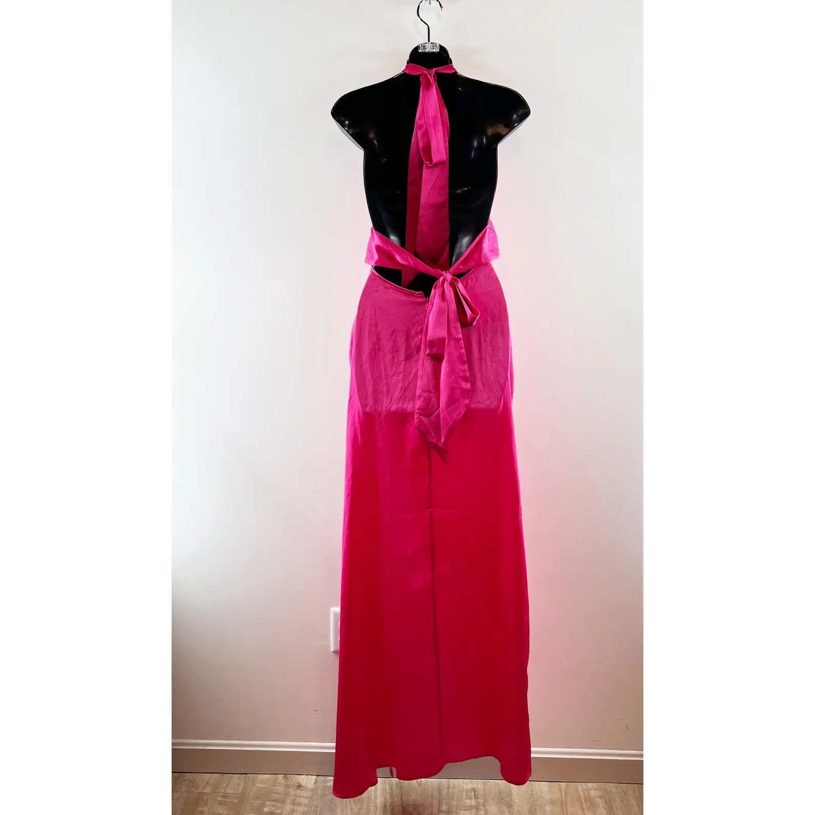 Lucy In The Sky Plunge Tie Back Ruffle Slit Satin Maxi Dress Gown Pink XXS - Image 5