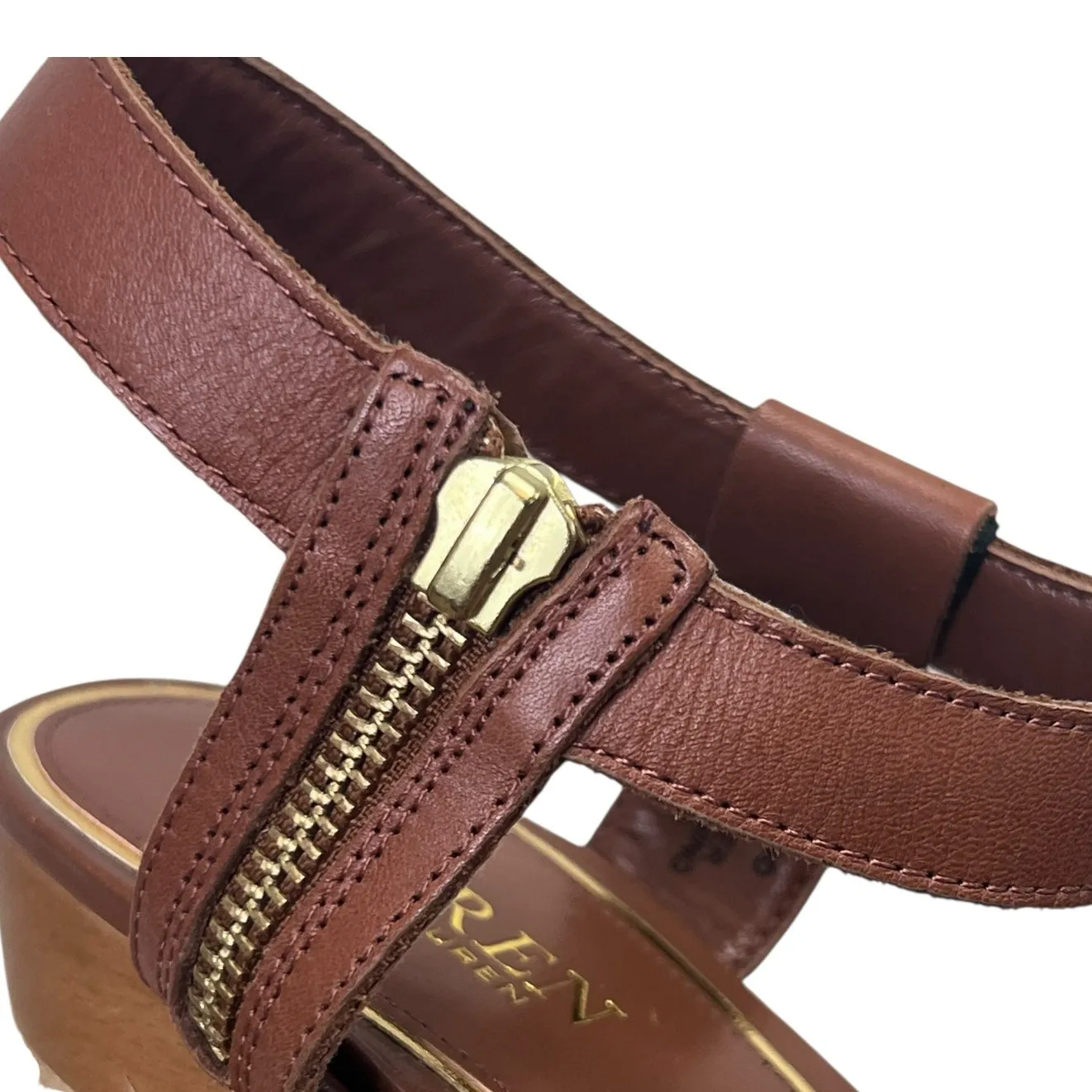 Lauren Ralph Lauren Gwen Espadrille Wedge Sandals Brown Leather 9M Open Toe Size 9 - Image 5