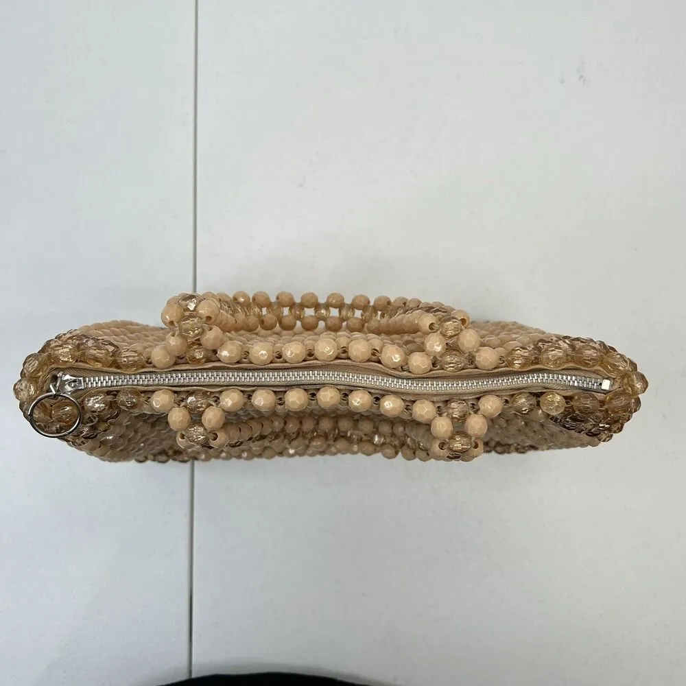 Vintage 1960's Beaded Handbag Made in Hong Kong Opaque Faceted Beige Beads Tan - Image 9