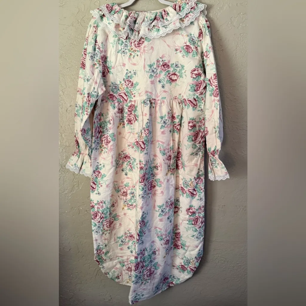 Vintage M PARTNERS Floral Flannel Nightgown 100% Cotton Lace Trim Long Sleeve L Pink Size L - Image 11