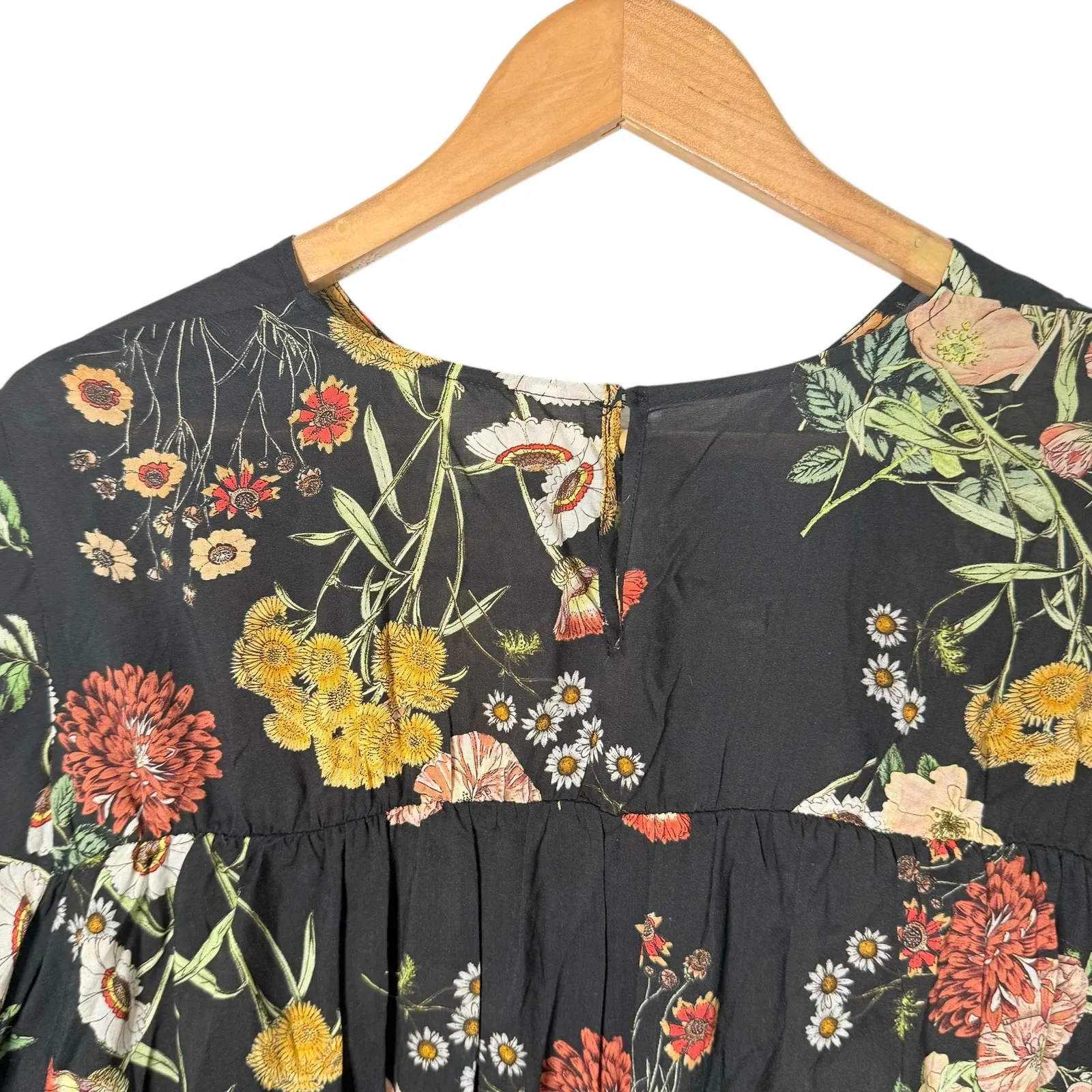 H&M Dark‎ Floral Mini Dress Bell Sleeve Size 14 Romantic Garden Party Flowy - Image 5