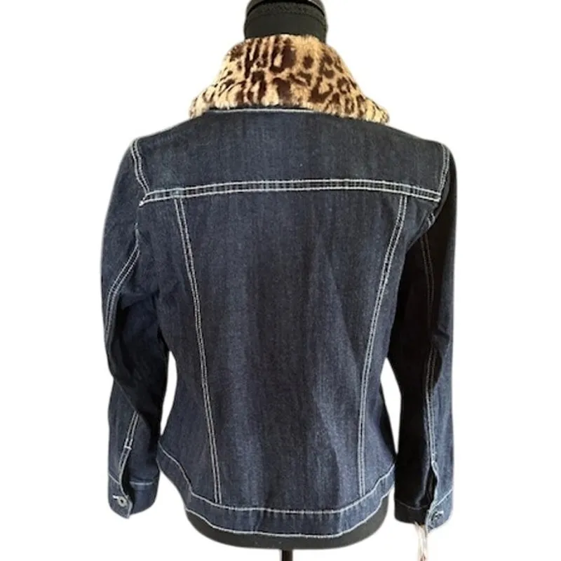 Laura Ashley Petite Denim Jacket Dark Wash Faux Fur Collar PM NWT - Image 3