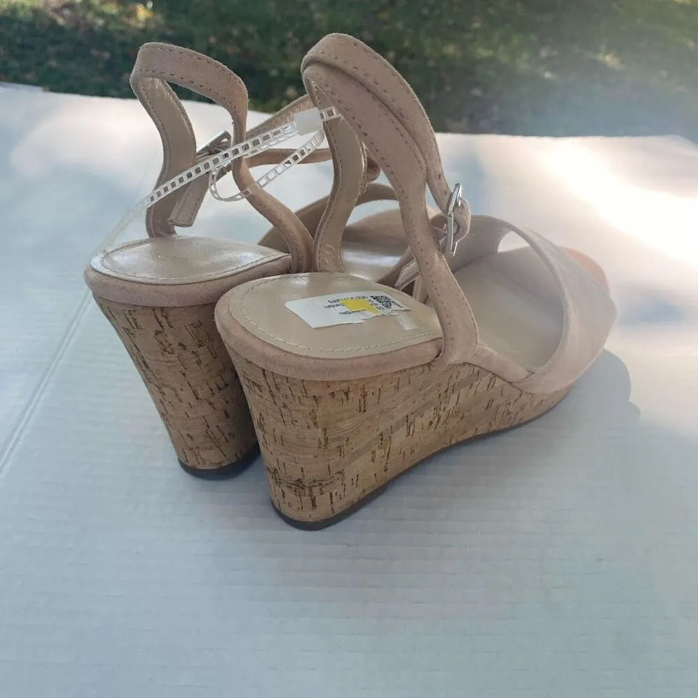 DS‎ Women’s Faux Suede Cork Wedge Sandals Charles Style Straps Round Toe Tan Pink Size 9.5 - Image 4