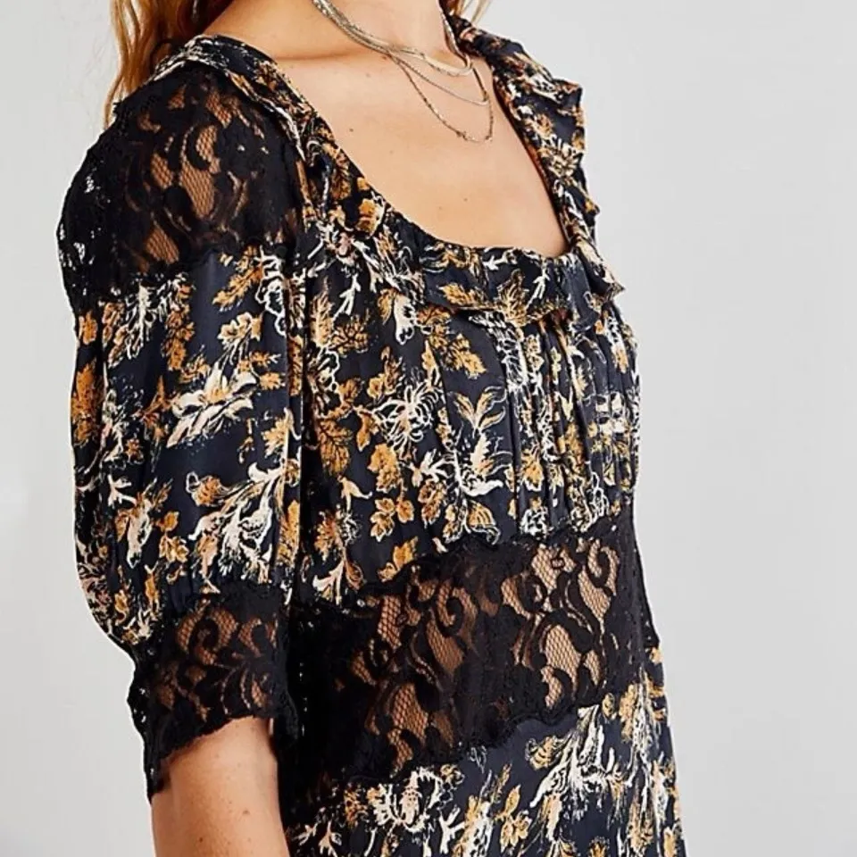 Free People Lucie Floral Lace Cutout Mini Dress Puff Sleeve Y2K Dark Romantic 12 - Image 4