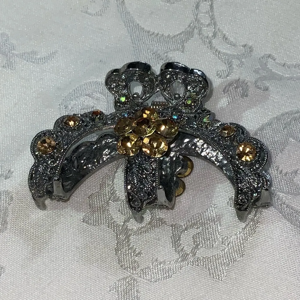 Silver Ornate Golden Yellow Bejeweled Heavy Spring Sparkly 3” Hair Clip - Image 6