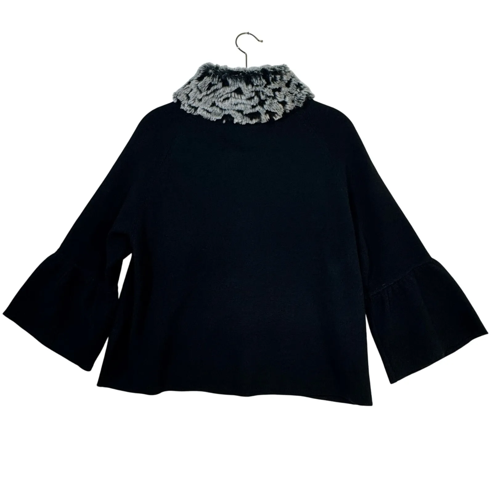 INC Fur Trimmed Collar Snap Front Black Sweater 3/4 Bell Sleeves Size X - Image 2