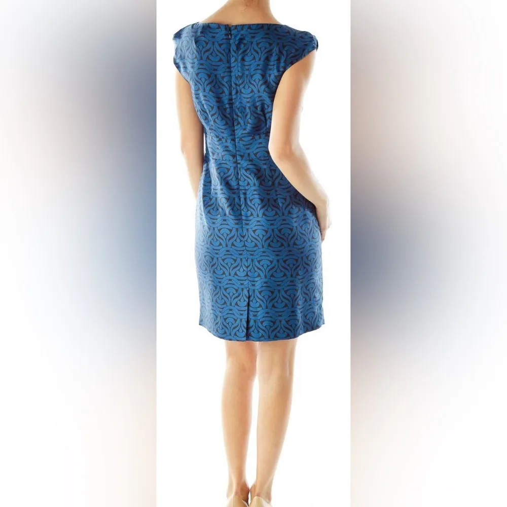 Banana Republic 100% Silk Blue Black Pleated Cap Sleeve Lined Dress size 2 - Image 2