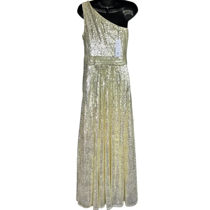 NWT Kate Kasin One Shoulder Maxi Dress Sz 6‎ Gold Sequin Bridesmaid Evening Prom - Image 3