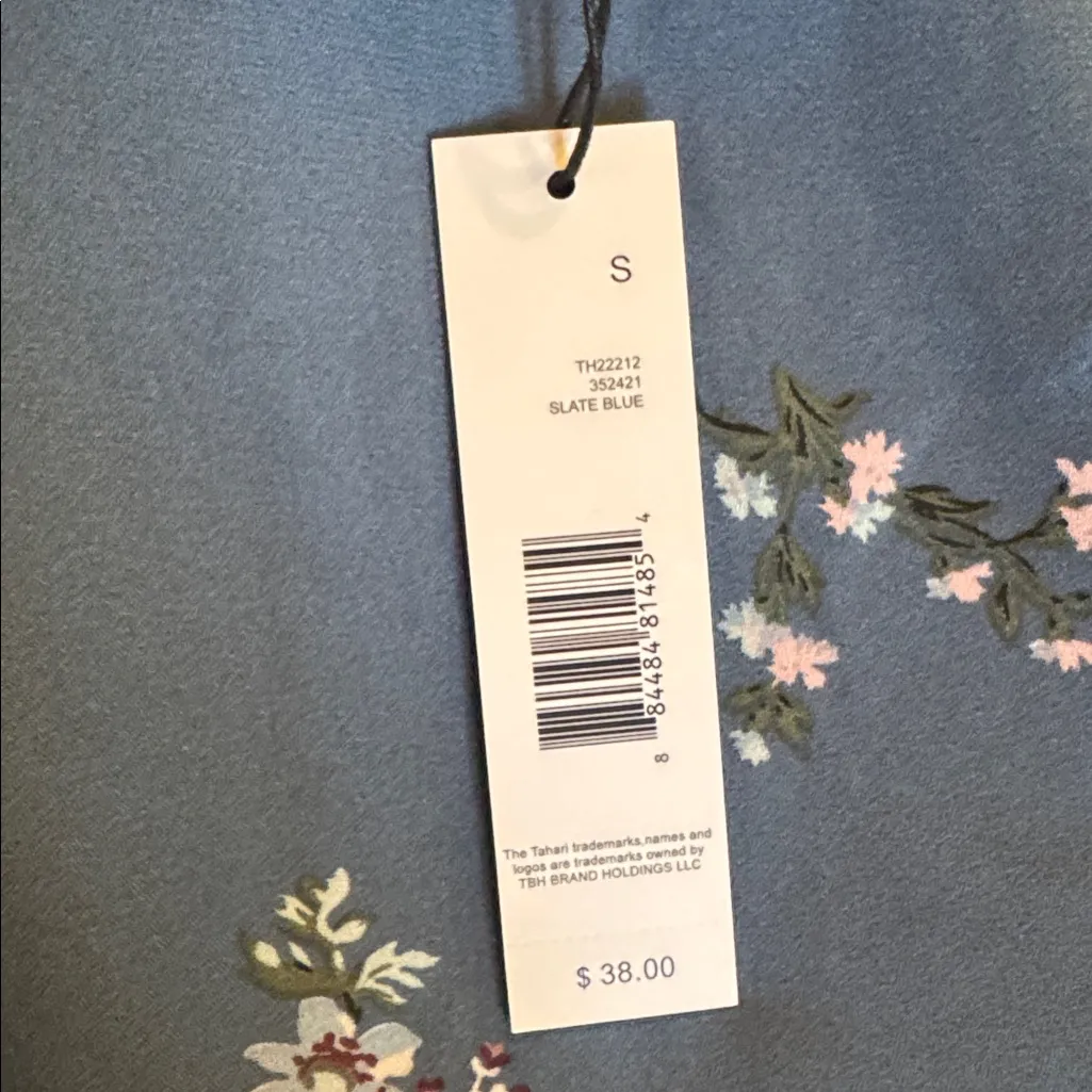 T TAHARI Camisole Blouse Size S Slate Blue Floral Print Spaghetti Strap Top - Image 7