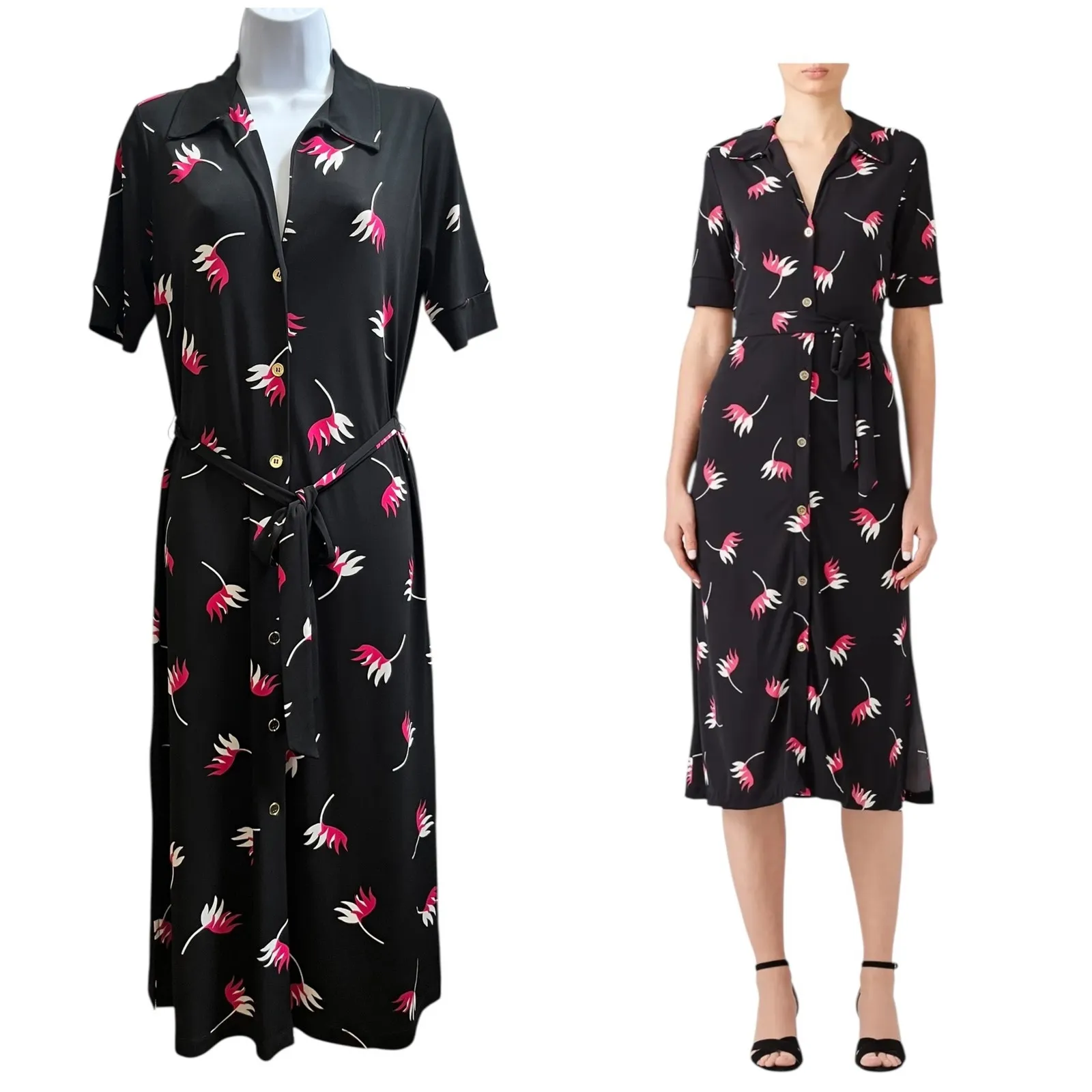 Leota Black Floral Jersey Button Front Waist Tie Belt Side Slits Dress Small - Image 2