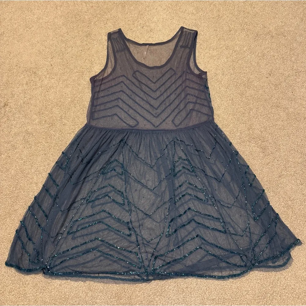 Free People Embellished Mesh Mini Slip Dress Beaded Blue Size Small Boho Sheer - Image 7