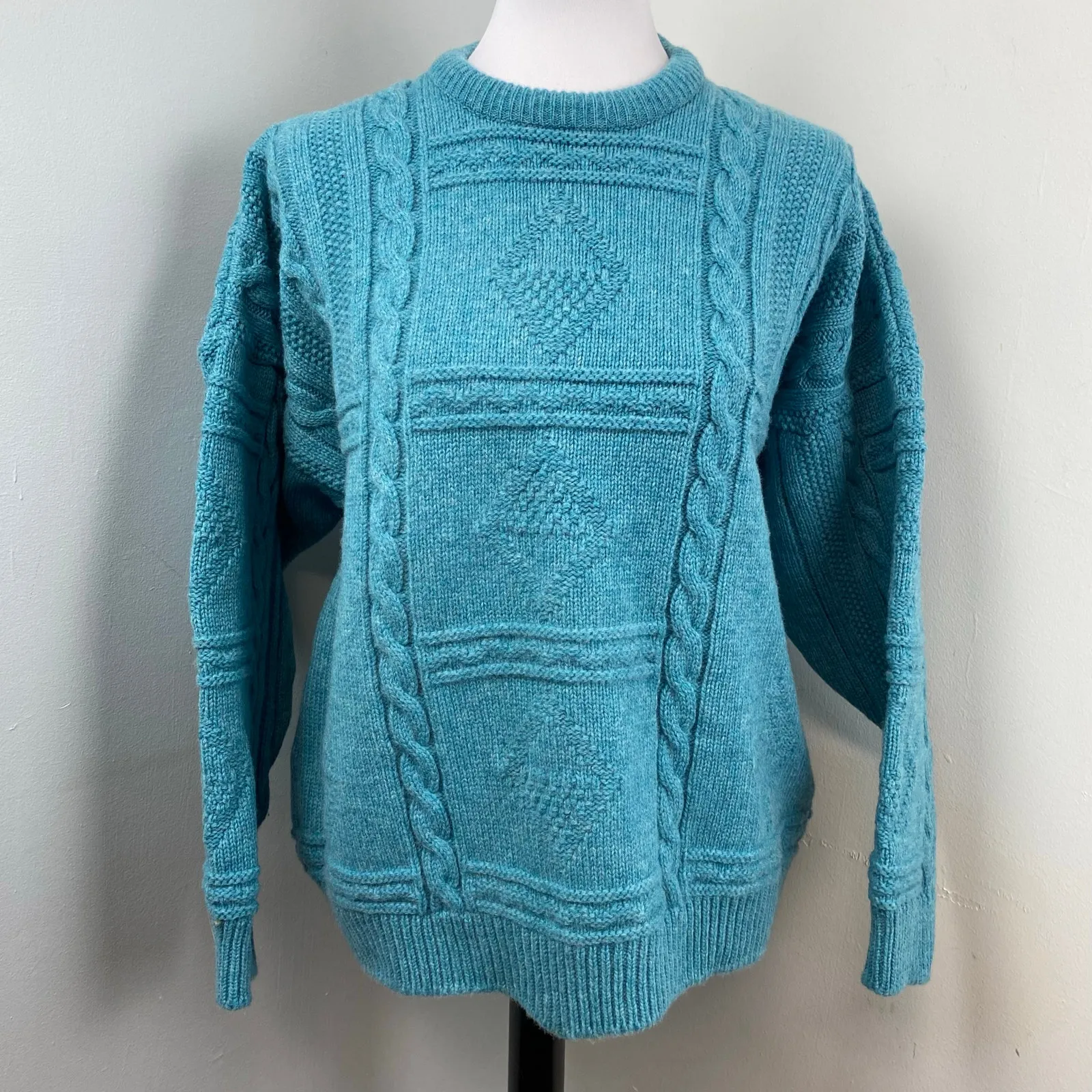 Vintage 80s Teal Irish Aran Sweater 100% Wool Large Blue - Image 2