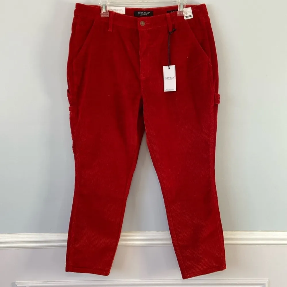 NWT Judy Blue Corduroy High Rise Slim Fit Cargo Pants Red Women’s Size 31 - Image 3