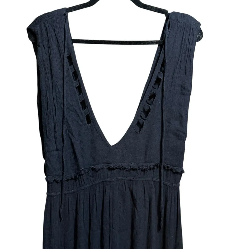 Free People Black Wide Leg Jumpsuit Deep V Neck Boho Flowy Silhouette Sz S - Image 6