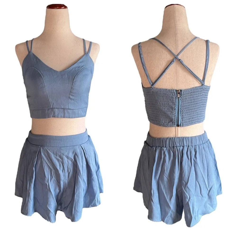 SHEIN Chambray Zip Back Strappy Top & Culottes Short Set - Image 9