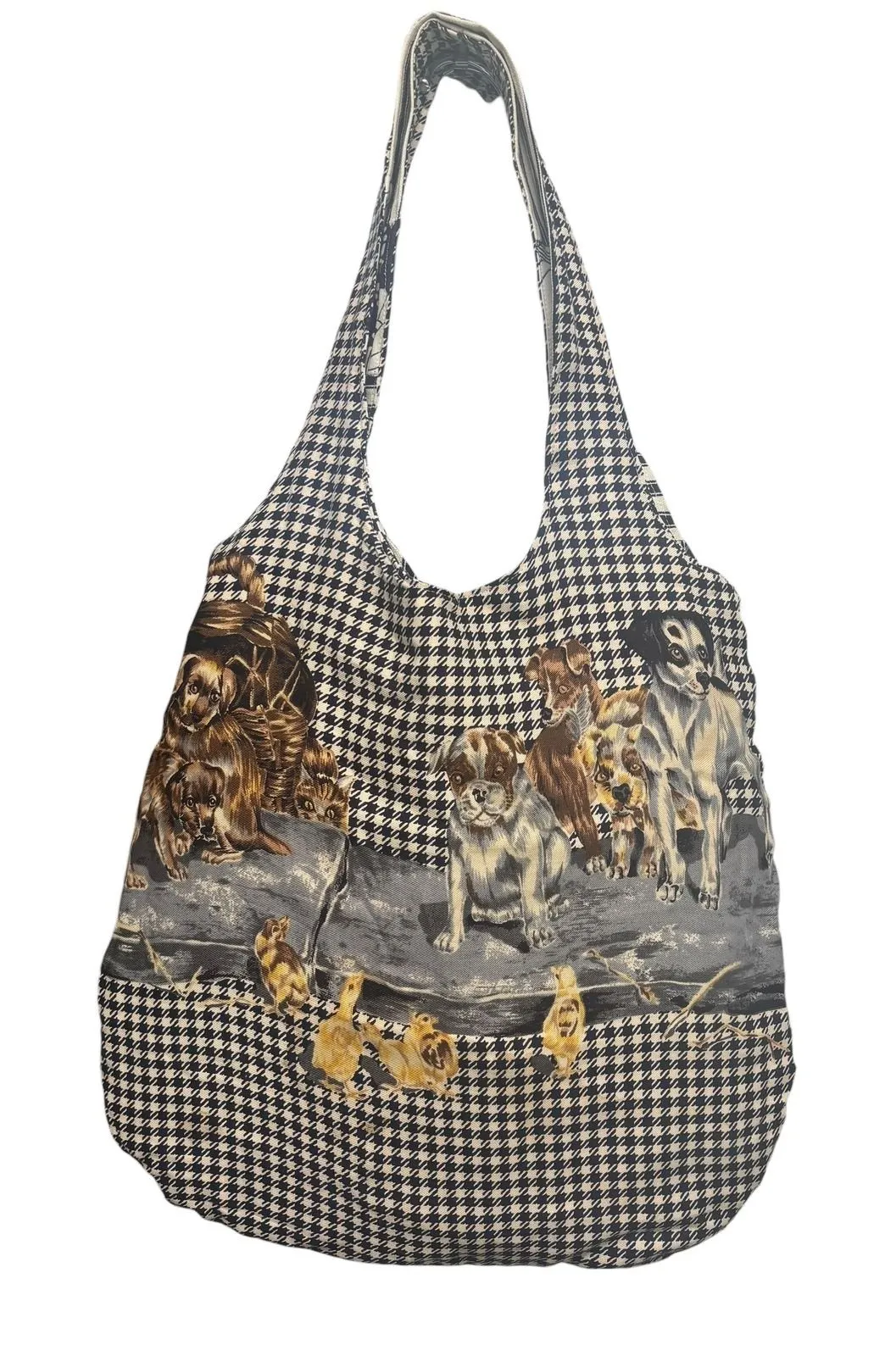 Patchwork Shoulder Bag Dog Puppy Chick Print Houndstooth Floral Black White Rev - Image 1