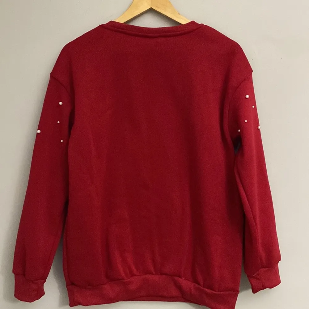 SHEIN womens red Lune Drop shoulders pearls beaded pullover sweatshirt size L - Image 8
