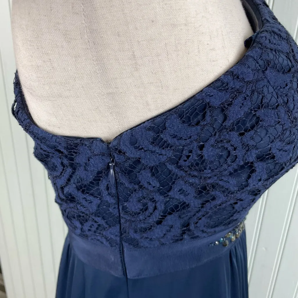 Adrianna Papell One Shoulder Lace Tulle Dress Gown Navy Blue Embellished Size 2 - Image 6