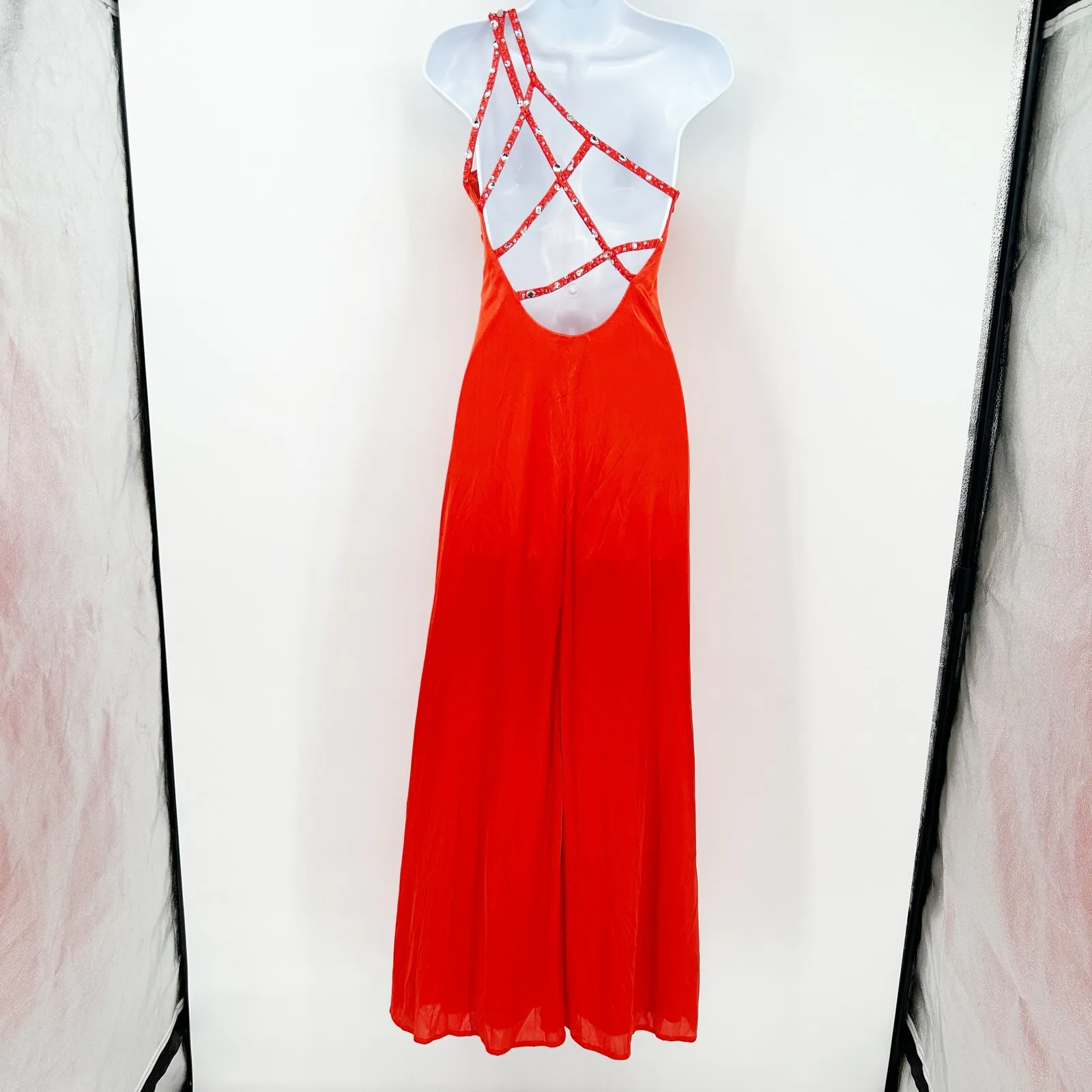 Bee Darlin Party Prom Rhinestone Satin Strappy‎ One Shoulder Maxi Dress Size 1/2 - Image 9