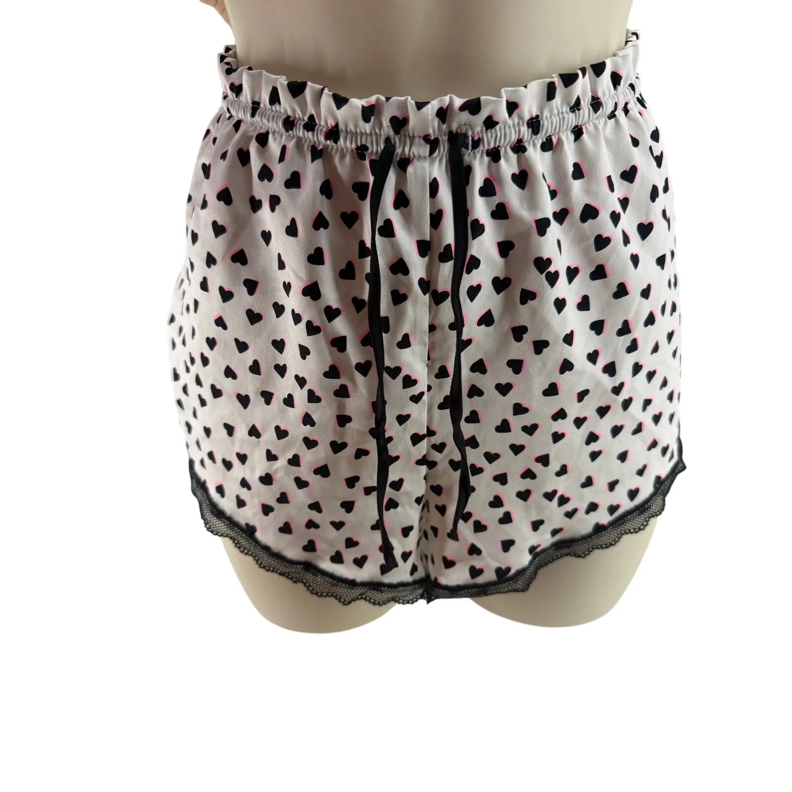 Victoria Secret Satin Sleepwear Black Neon Pink Heart Cami Shorts Set XLarge - Image 3