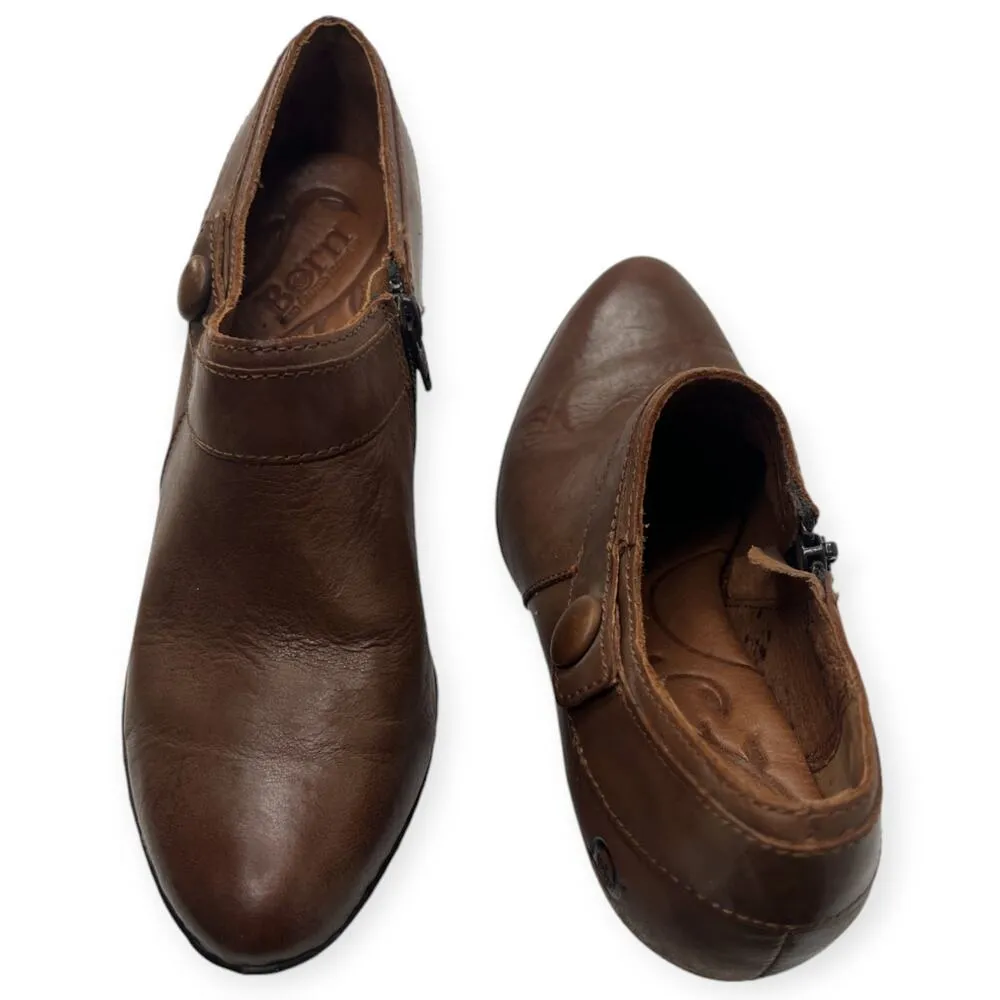 Born | 7 | Womens Brown Leather Side Button Heeled Ankle Boot Bootie Comfort - Image 4