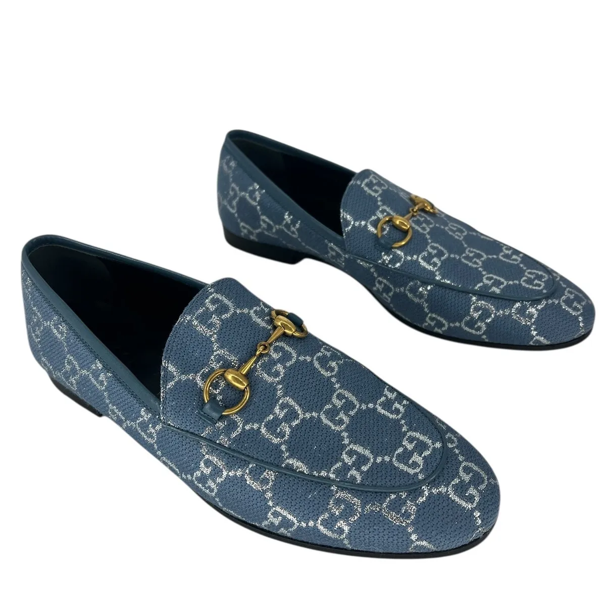 Gucci Horsebit Jordaan Lame Fabric Loafers Blue Silver Size 37.5 - Image 2