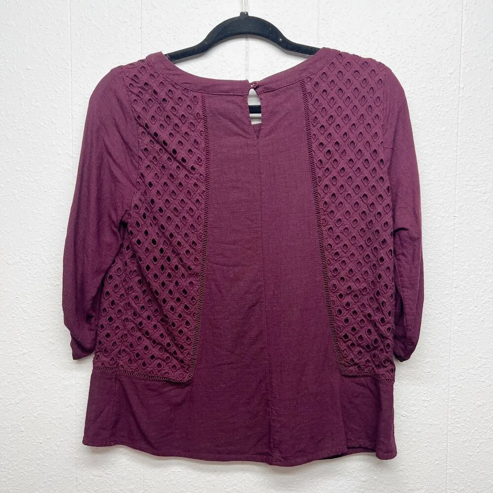 Skies Are Blue 100% Linen Womens Eyelet Coastal Girl Workwear Woven Top Medium - Image 6