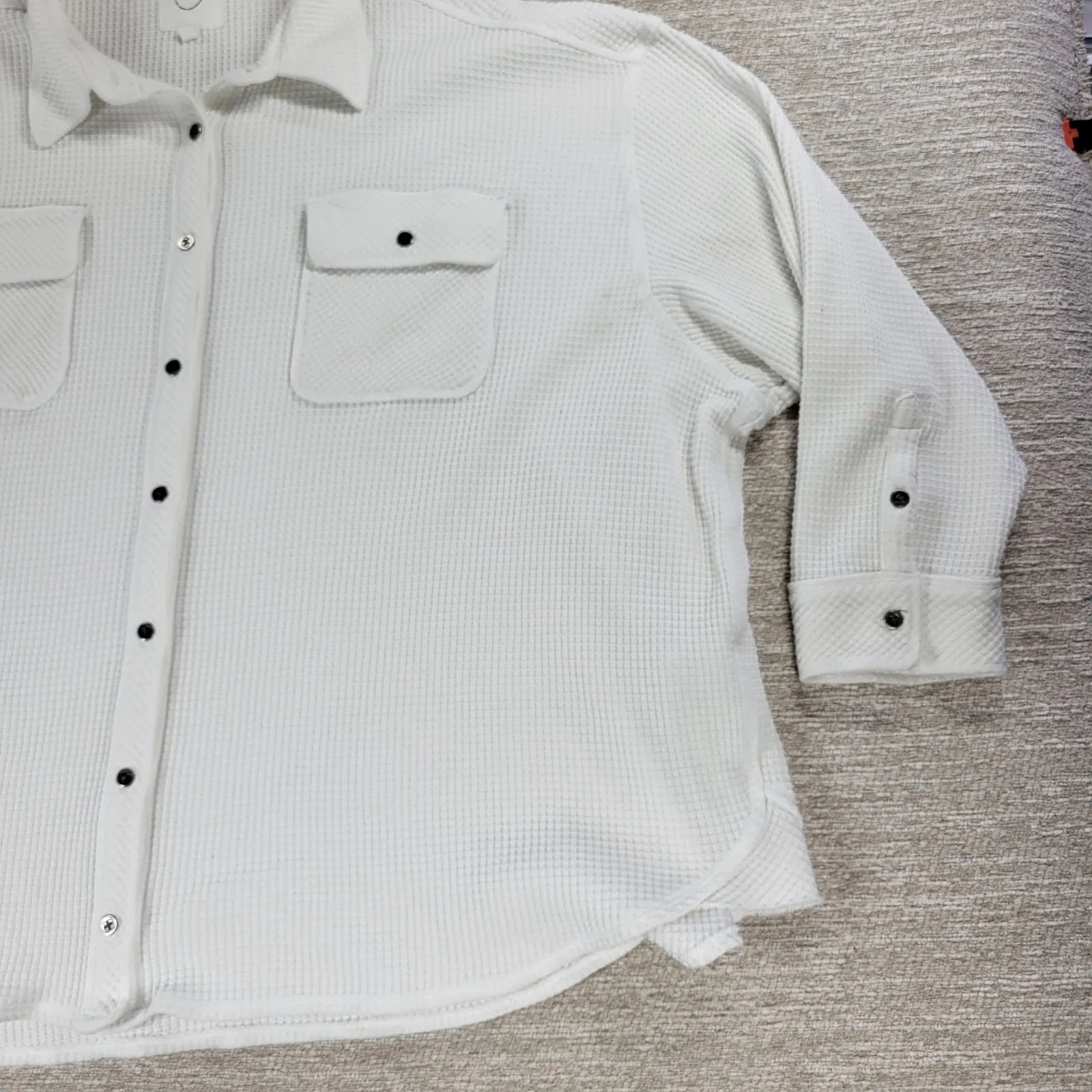 Aerie Waffle Knit Button Up Shirt XL White Oversized Relaxed Fit Long Sleeve - Image 13