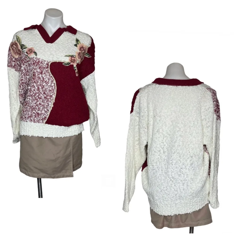 SEPARATE ISSUE Woman Sweater Nubby Knit Floral Appliqués Burgundy Cream VINTAGE Size undefined - Image 11