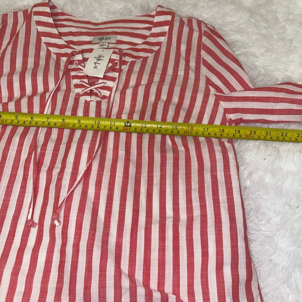 Style & Co. red white stripe long sleeve blouse shirt top lace up neckline M NWT - Image 9