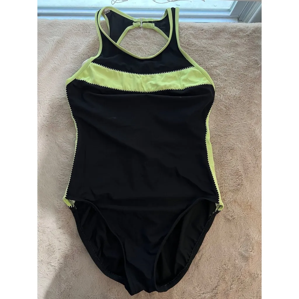 Black & Neon Green One-Piece Swimsuit With Open Back & Built-In Bra By Miraclesu - Image 7