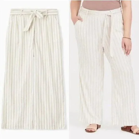 [Torrid] Tan Cream Linen Blend Striped Wide Leg Pants High Rise Casual Size 24 - Image 2