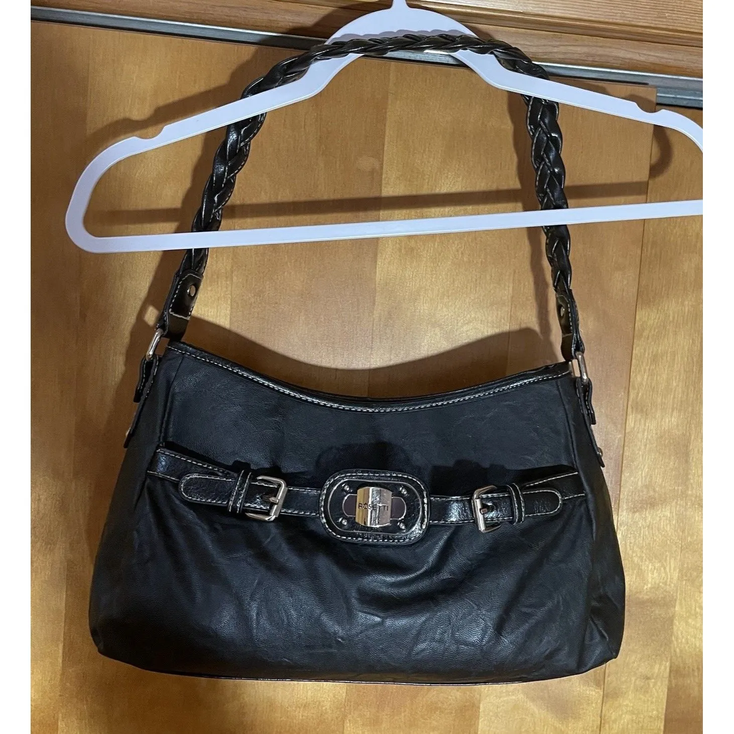 Rosetti Black Faux Leather Shoulder Bag Braided Strap Buckle Hardware Y2K Edgy - Image 3