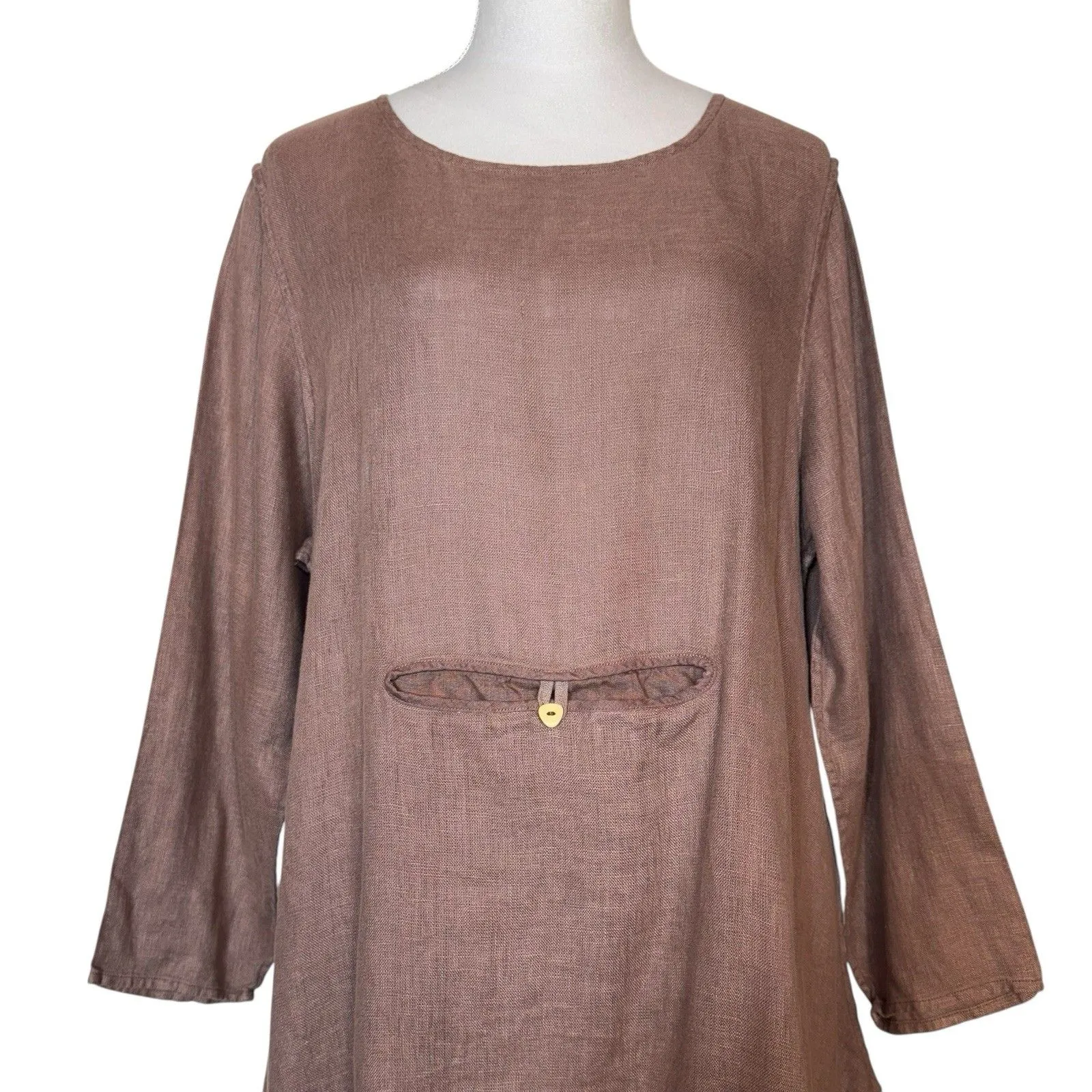 Cheyenne Linen Maxi Dress Size S/M Art to Wear Lagenlook Boho Banded Hem Pockets Brown Size M - Image 4