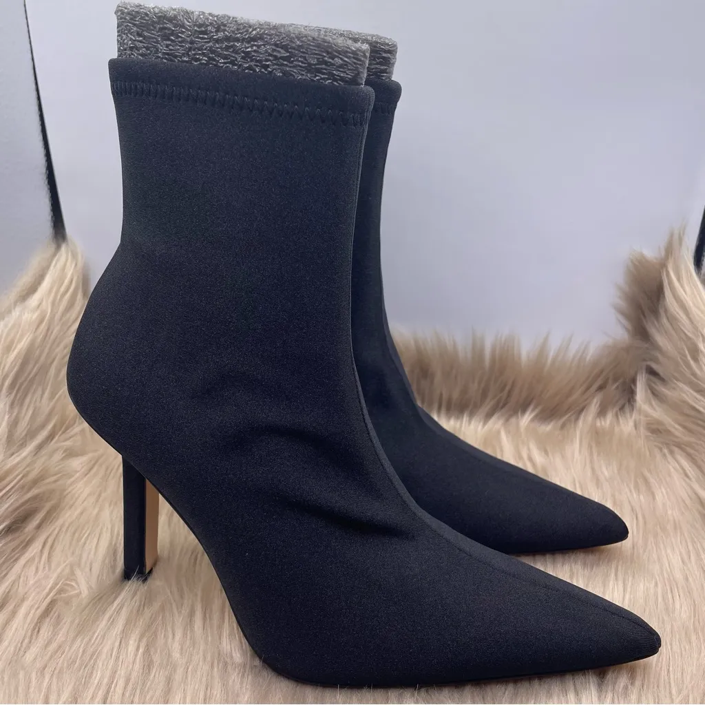 Good American black shine neoprene ankle heel boots women Size 8.5 - Image 2