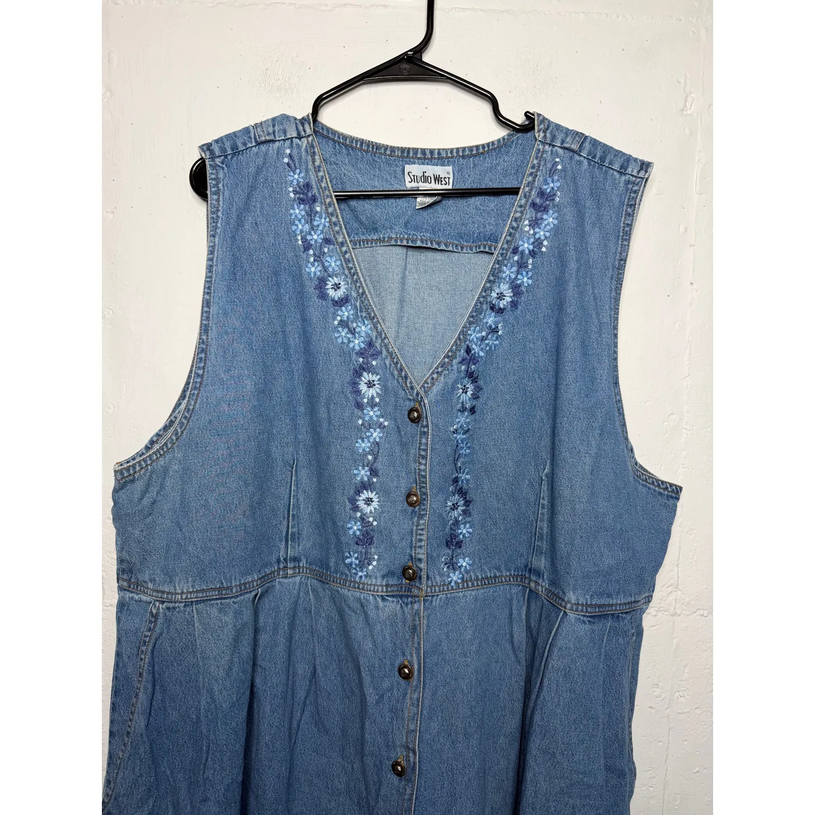 Studio West Vintage 90s 3X Denim Button Down Dress Sleeveless Floral Flowers - Image 2